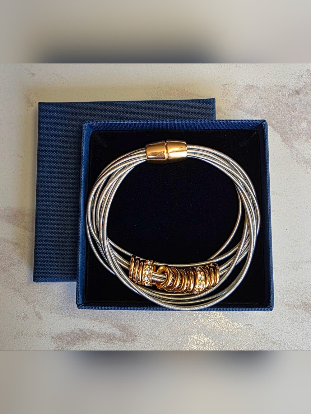 Gold & Silver Multi-Strand Cable Bracelet with Crystal Accent